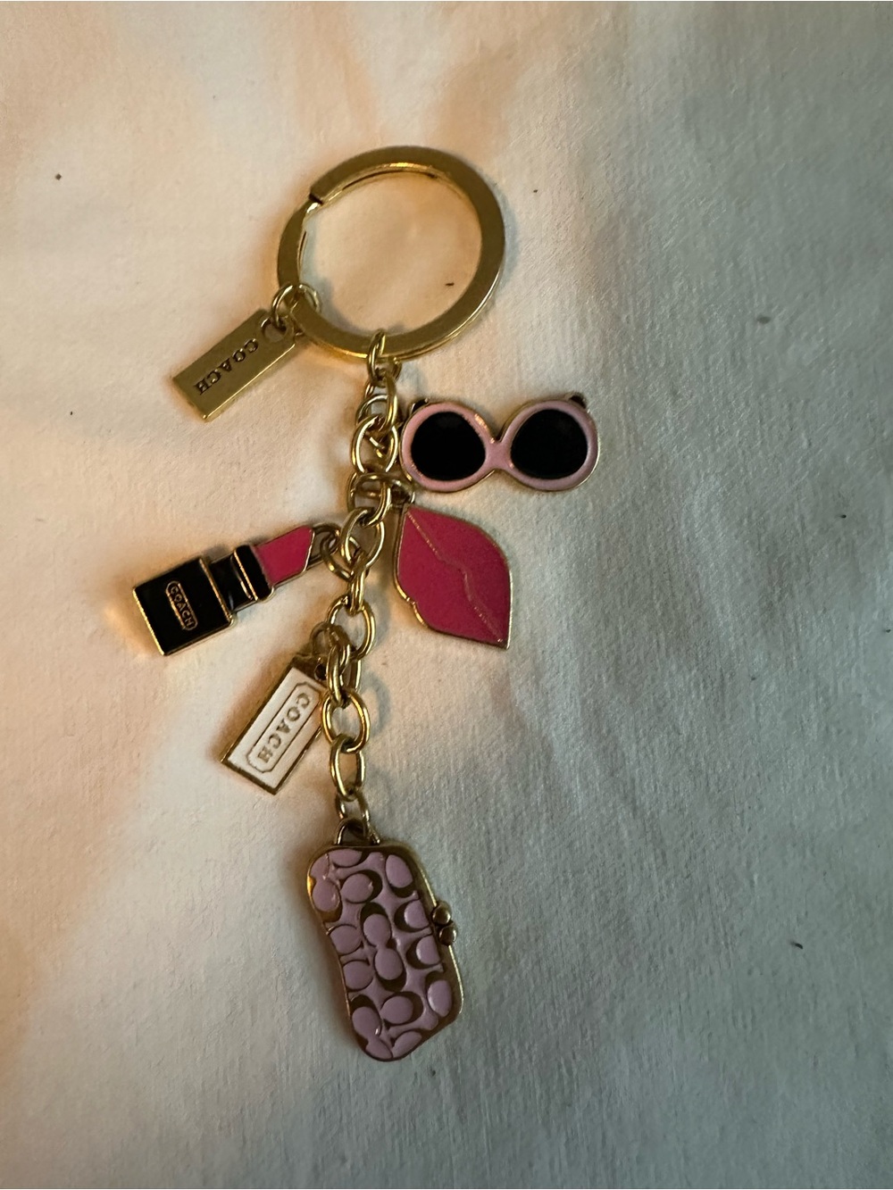 Coach Pink Enamel Charm Keyring with Sunglasses, Lipstick & Purse